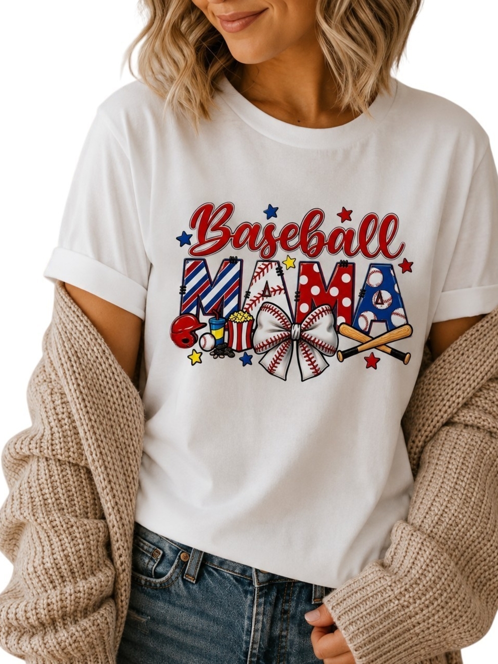 Gildan White 'Baseball Mama' Graphic Tee with Red & Blue Accents